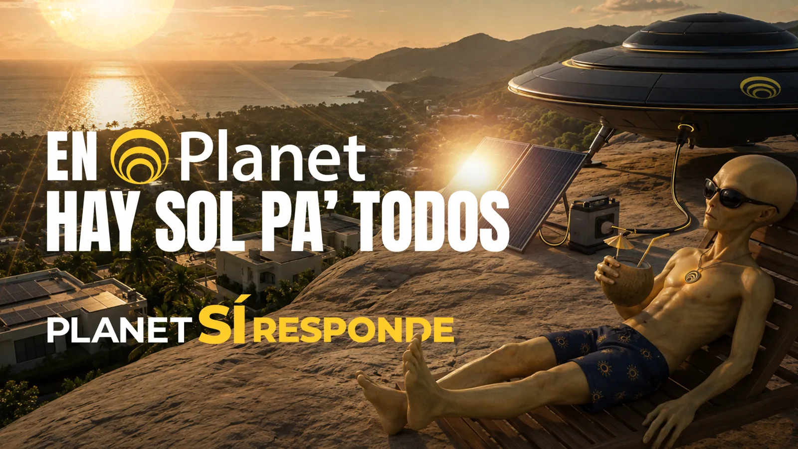 Planet Solar campaign En Planet Hay Sol Pa’ Todos with alien character and solar panels